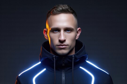 Young Man Wearing Futuristic Black Hoodie With Neon Blue Stripes. Studio Lighting, Techwear Fashion. Ideal For Fitness, Gaming, Esports Visuals