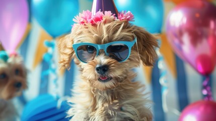 A small, fluffy dog wearing sunglasses and a flower crown celebrates at a party with colorful balloons in the background. The atmosphere is festive and cheerful.
