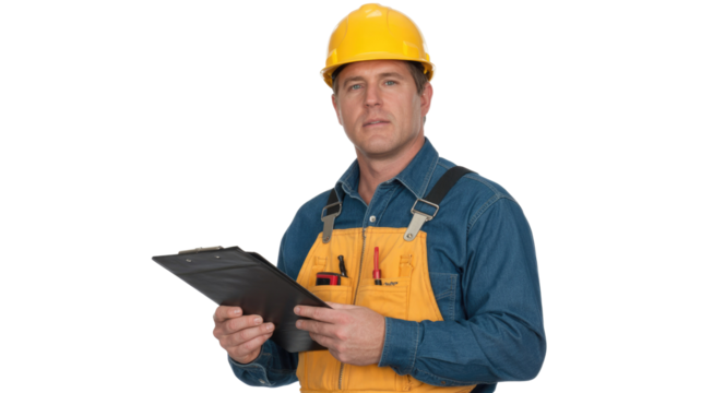 A serious man in a yellow hard hat and overalls holds a clipboard, ready for work. Professional construction worker with tools. background removed