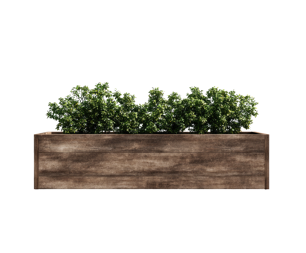 Lush green plants spill from rustic wooden planter box