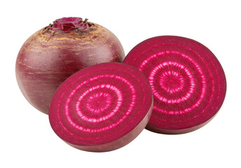 Isolated root vegetables, whole and sliced beets, cut with concentric circles, fresh produce
