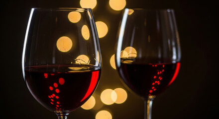 Cozy christmas candle dinner new year party mood with two wine glass red wine and warm bokeh lights creating intimate celebration atmosphere