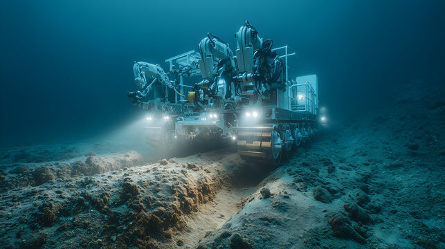 Autonomous underwater robots extracting rare earths from the deep sea, showing innovation, mining technology, and environmental impact.