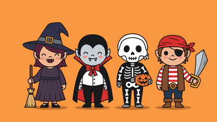 Adorable Cartoon Halloween Characters: Cute Witch, Vampire, Skeleton, and Pirate in Festive Costumes for Spooky Season Celebrations