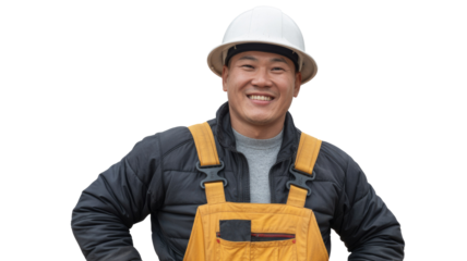 A smiling Asian worker in a white hard hat and yellow overalls, looking happy and confident, ready for work, isolated on green. background removed