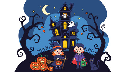 Whimsical Halloween Night Illustration with Cute Witch and Vampire Children, Spooky Haunted House, Jack-o'-Lanterns, Ghosts, and Black Cat under Mo...