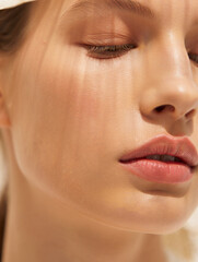 Close-up of a woman's face with closed eyes, highlighting natural, glowing skin and soft lips under striped shadows. Perfect for beauty, wellness, or skincare themes, conveying serenity and natural ra