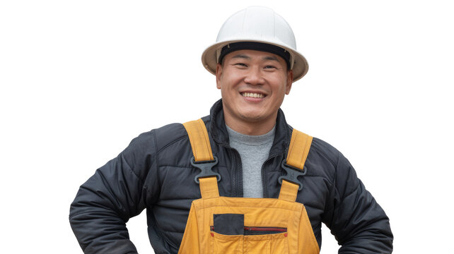A smiling Asian worker in a white hard hat and yellow overalls, looking happy and confident, ready for work, isolated on green. background removed