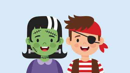Happy Cartoon Kids in Halloween Costumes: Frankenstein's Monster Girl and Pirate Boy, Isolated Vector Illustration for Spooky Celebrations and Fun