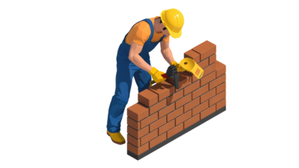 Isometric illustration of a construction worker wearing a hard hat and overalls, meticulously laying bricks with a trowel to build a wall. background removed