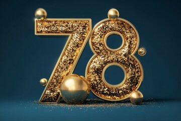 Golden Glittery Number 78 with Shiny Orbs on Dark Background