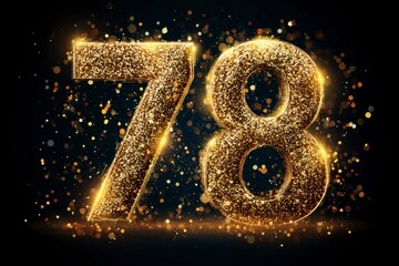 Shimmering Golden Number 78 with Sparkles and Glitter Background