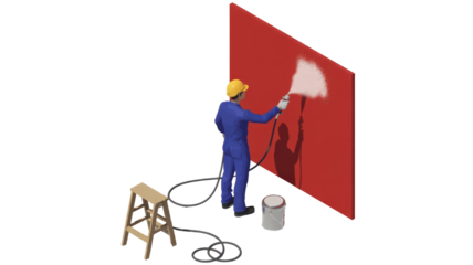 A worker in a helmet and jumpsuit uses a spray gun to paint a red wall white, illustrating modern painting techniques and professional renovation services. background removed