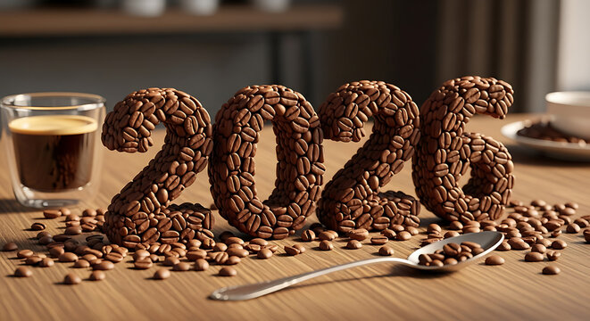 Fresh coffee beans form the year 2026 next to a steaming espresso, symbolizing a new year's start.