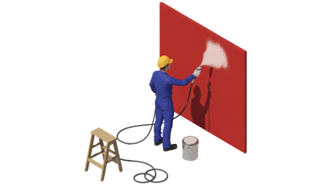 A worker in a helmet and jumpsuit uses a spray gun to paint a red wall white, illustrating modern painting techniques and professional renovation services. background removed