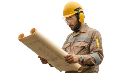A focused engineer in safety gear, including a hard hat and earmuffs, carefully examines blueprints on a transparent background. background removed