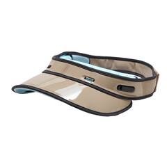 Tan sun visor with transparent brim, light blue interior trim