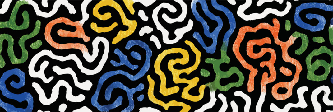 Patr&oacute;n abstracto de l&iacute;neas org&aacute;nicas y sinuosas en colores vibrantes sobre fondo negro.