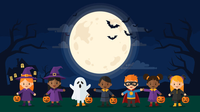 Group of Diverse Children in Halloween Costumes Trick-or-Treating at Night Under a Full Moon and Bats - Powered by Adobe