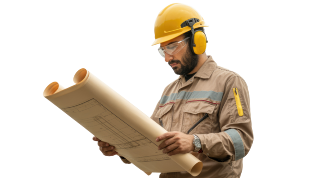 A focused engineer in safety gear, including a hard hat and earmuffs, carefully examines blueprints on a transparent background. background removed