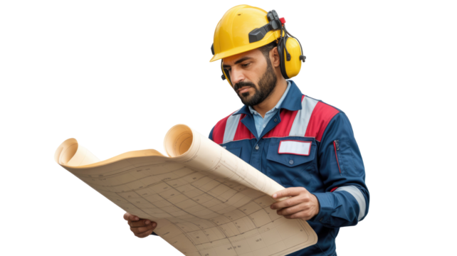 A focused construction worker or engineer in a hard hat and protective gear diligently reviews a detailed blueprint. background removed