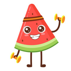 Cartoon Watermelon Exercising with Dumbbells Flat Illustration