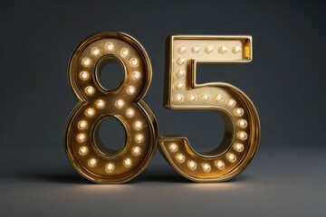Bold Golden Number 85 Illuminated with Bright Light Bulbs