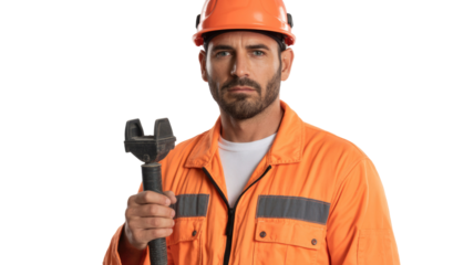 A serious male construction worker in an orange hard hat and safety uniform holds a tool, looking confidently at the camera against a transparent background. background removed
