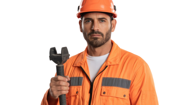 A serious male construction worker in an orange hard hat and safety uniform holds a tool, looking confidently at the camera against a transparent background. background removed