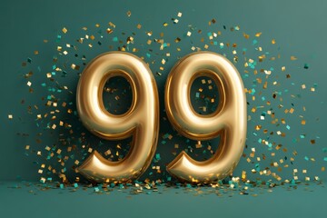 Golden Number 99 with Colorful Confetti on Green Background