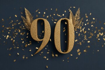 Golden 90th Birthday Celebration with Confetti and Fern Leaves