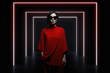 Woman In Red Standing In Neon Tunnel. Geometric Background, Modern Fashion With Edgy Urban Vibes. Night Lookbook Shot