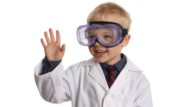 Smiling, a cheerful young boy in a lab coat and safety goggles waves, embodying the excitement of scientific discovery and education. background removed