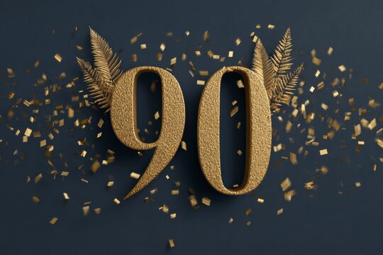 Golden 90th Birthday Celebration with Confetti and Fern Leaves