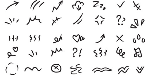 Hand Drawn Cartoon Motion Lines – Doodle Effect Elements, Arrows, Sparkles, and Anime Expression Vector Illustration