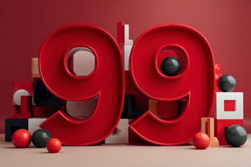 Bright Red Number Ninety-Nine Surrounded by Colorful Shapes and Balls