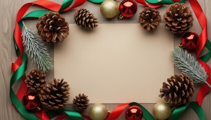 Christmas ornament border with pine cones and ribbons on blank paper card