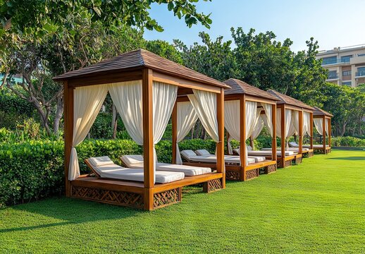 A row of luxurious outdoor cabanas with white curtains and cushioned lounge beds sits on a manicured lawn, surrounded by lush greenery