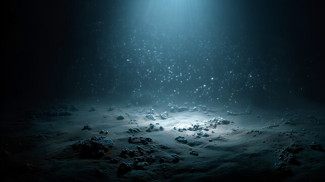 Polymetallic nodules with rare earth metals on the ocean floor, symbolizing deep sea resources, energy future, and ecological challenges.