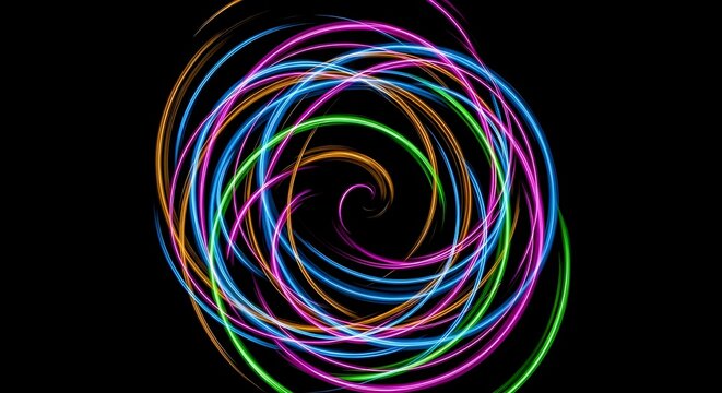 Neon Light Trails Forming Circular Motion – Abstract Energy and Motion Concept - Powered by Adobe