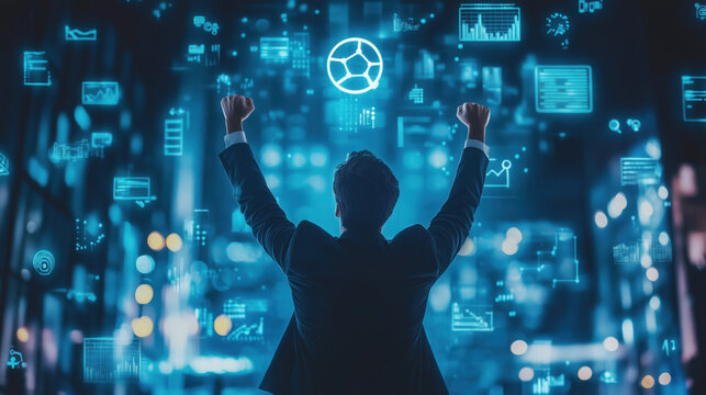 a corporate professional lifting a goal icon with teamwork icons in the background