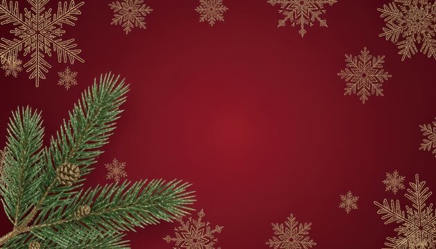 Elegant christmas background with snowflakes and fir branches on red backdrop