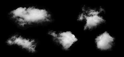 Isolated cloud shapes on a black background designed for digital artwork, photo compositing, visual effects, and creative projects that require soft atmospheric elements and natural cloud textures.