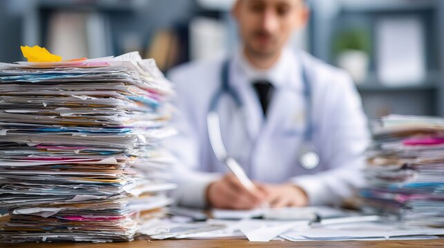 Doctor Reviewing Patient Files in a Busy Clinic Healthcare Environment Professional Context Close-Up View Medical Documentation Management