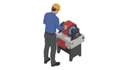 Isometric illustration of a man in a hard hat operating an industrial grinding machine in a workshop setting. He is focused on the task. background removed
