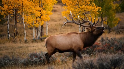 Majestic Elk Roaring in a Picturesque Autumnal Landscape, Wildlife Photography