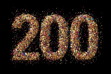Glittering Number 200 Made of Colorful Confetti on Black Background