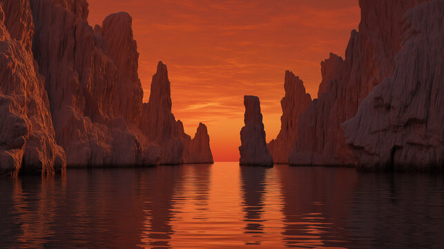 canyon with orange-red glow, calm water and central rock background - Powered by Adobe