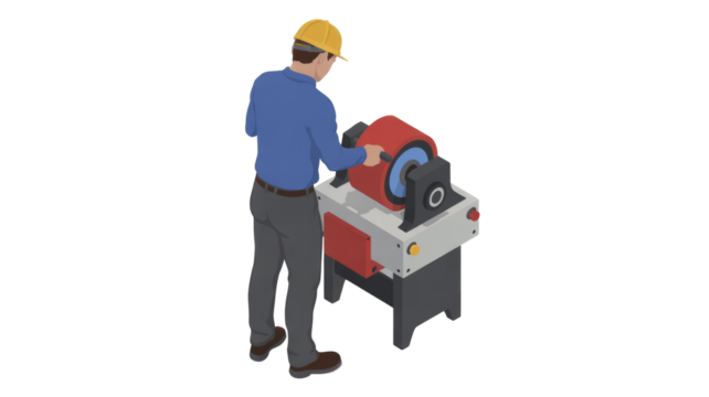 Isometric illustration of a man in a hard hat operating an industrial grinding machine in a workshop setting. He is focused on the task. background removed