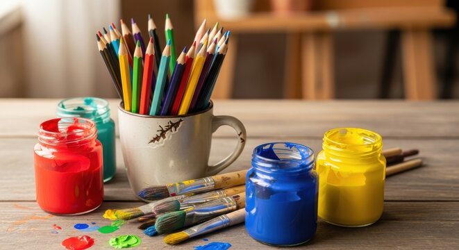Vibrant art studio scene featuring colored pencils paints and brushes emphasizing creativity and